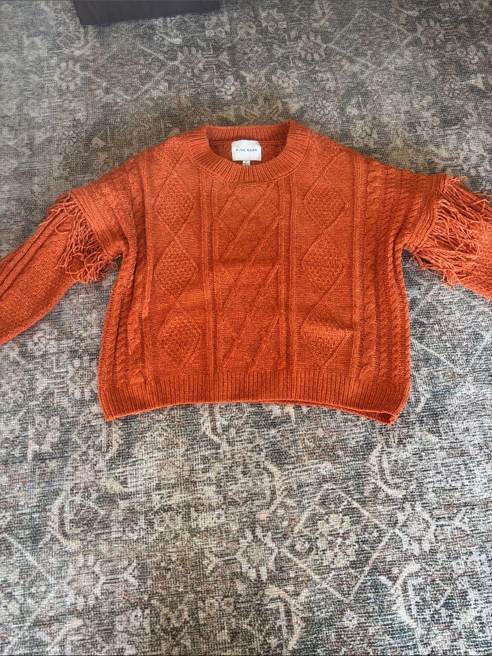 Pink Rose Burnt Orange Cable-Knit Fringe Crewneck Sweater